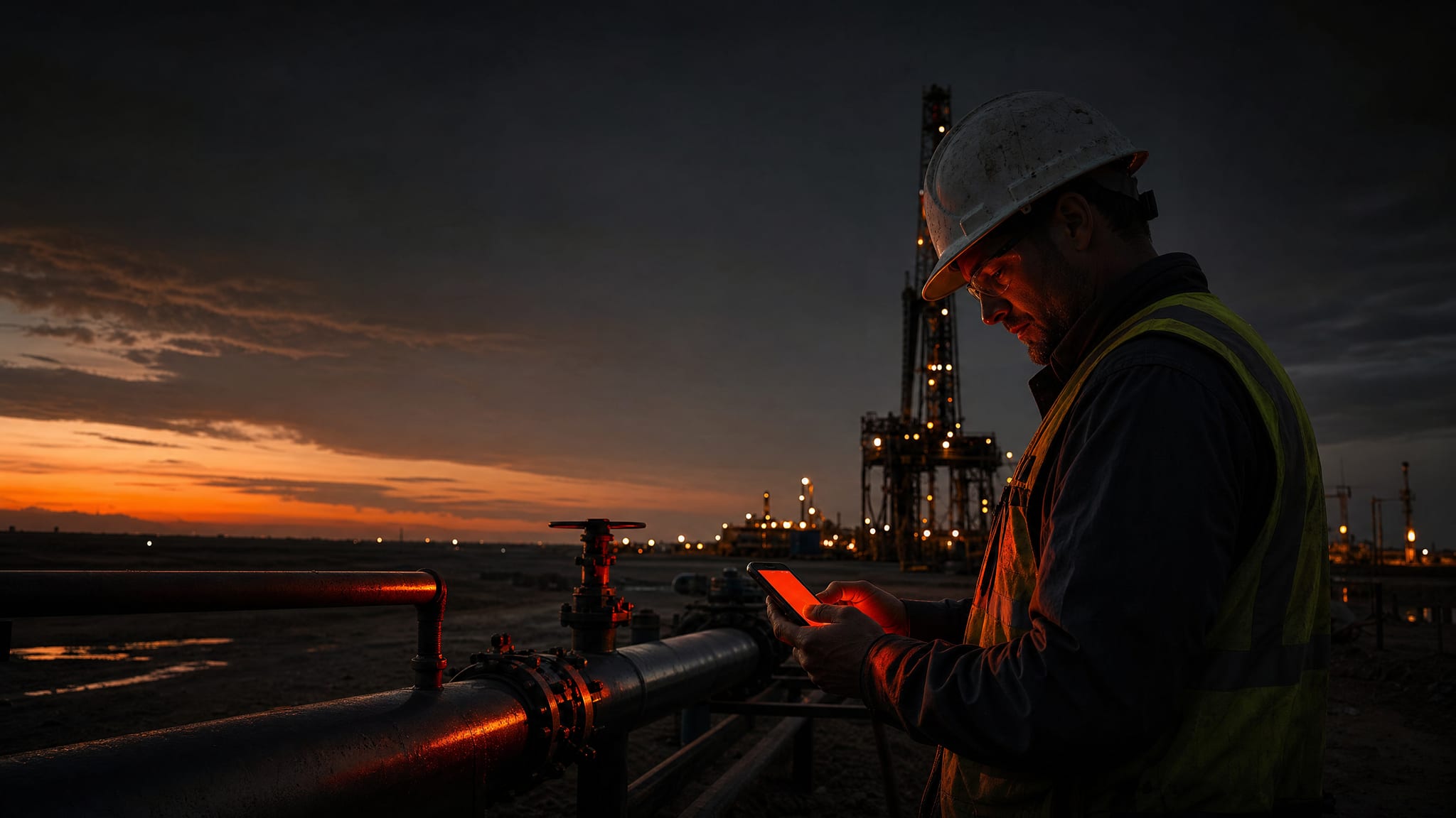 Rogue Energy Services field employee texting the internal IT support line from a pipeline site
